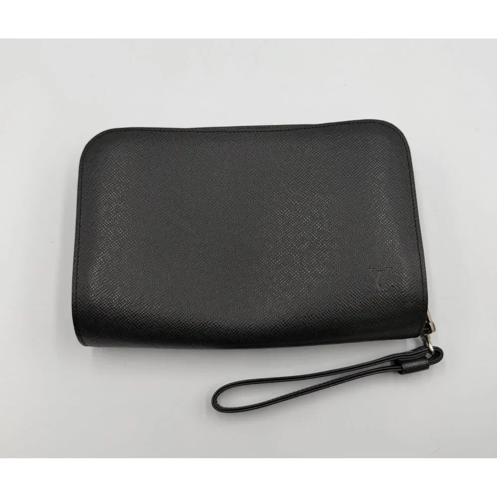Authentic Louis Vuitton Taiga Baikal Clutch Bag Women Black Logo Genuine Leather